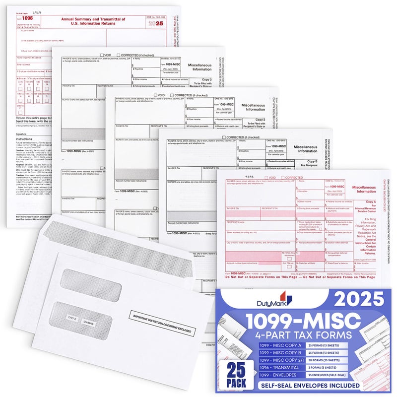 Dutymark DuryMark 1099 Misc Tax Forms 2025 with Envelopes, 25 Vendor Kit for 4 Part Tax Forms, Compatible with QuickBooks and Accountings Software, 25 Self Seal Envelopes, Made in USA - Image 5